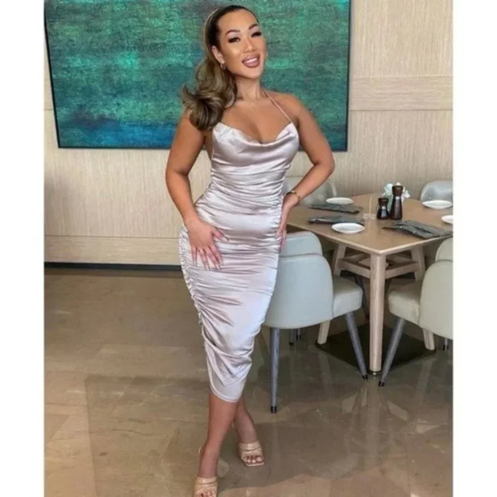 Nude Satin Sleeveless Halter Neck Cowl Neck Backless Ruched Bodycon Midi Dress - Picture 15 of 17